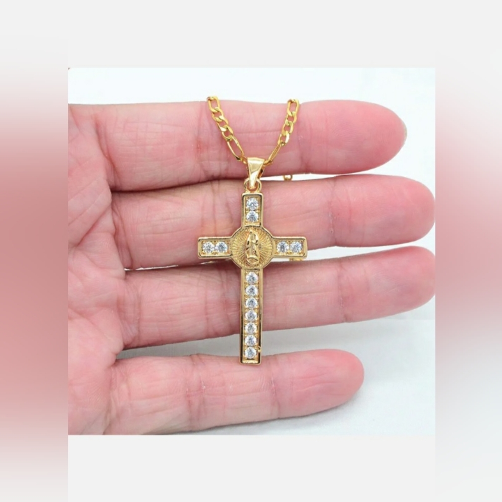 18K Yellow Gold Filled Topaz Catholic Virgin Mary Cross Pendant Necklace 24"